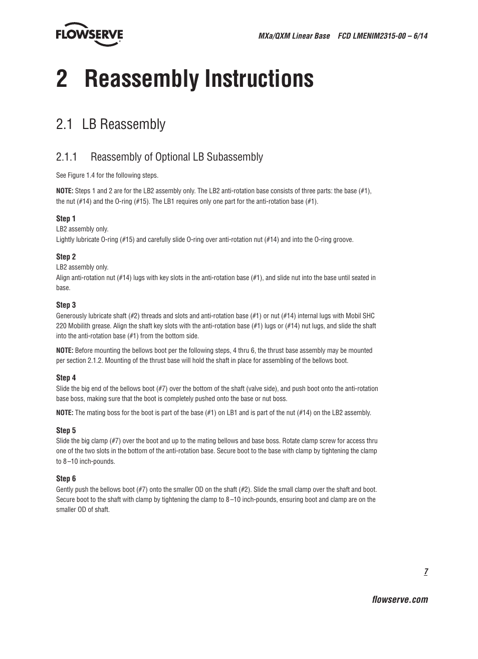 2 reassembly instructions, 1 lb reassembly, 1 reassembly of optional lb subassembly | Flowserve Limitorque QXM Linear Base User Manual | Page 7 / 12