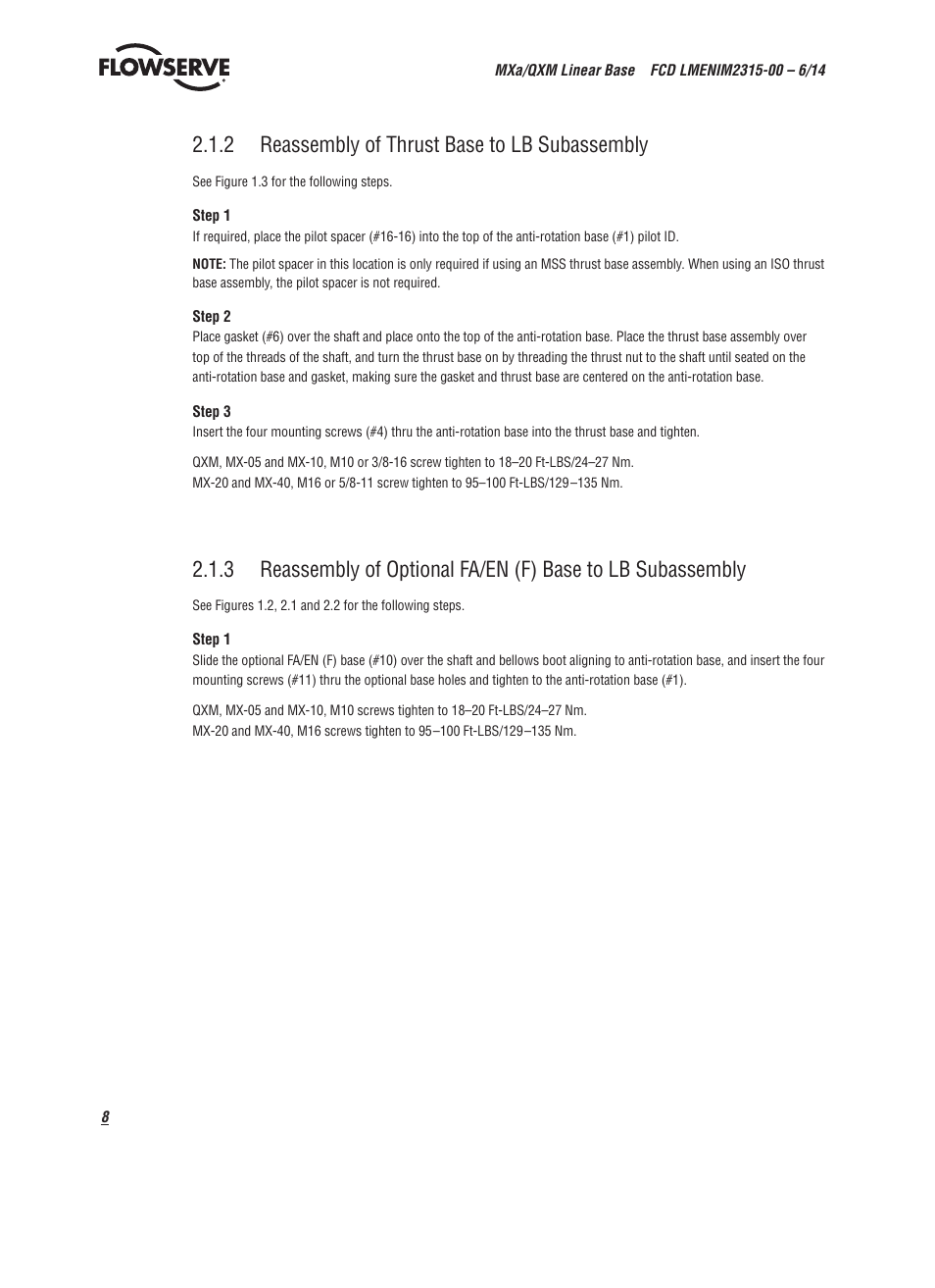 2 reassembly of thrust base to lb subassembly | Flowserve Limitorque QXM Linear Base User Manual | Page 8 / 12