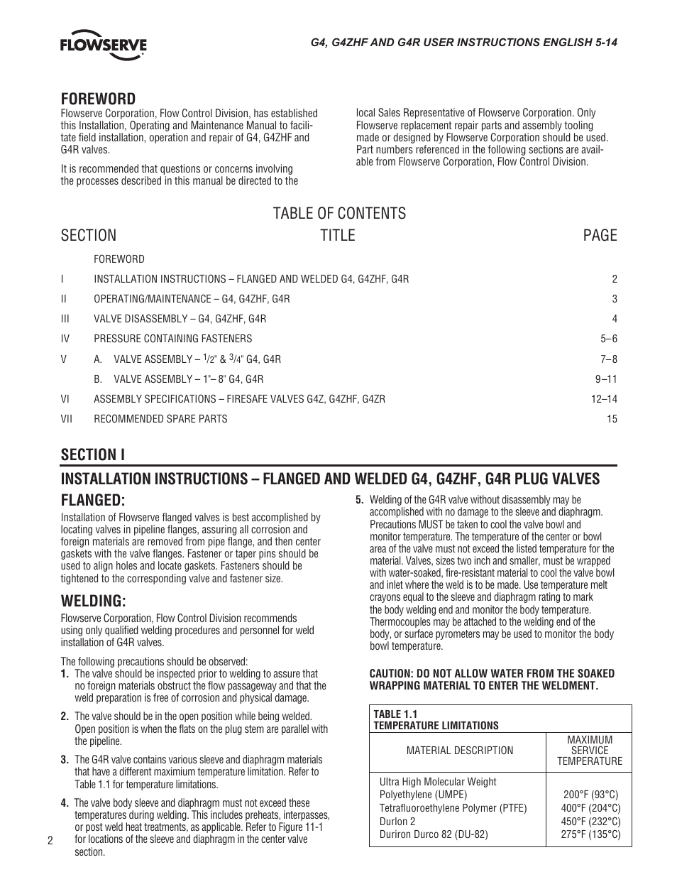 Foreword, Welding | Flowserve G4 Sleeveline Plug Valves User Manual | Page 2 / 16