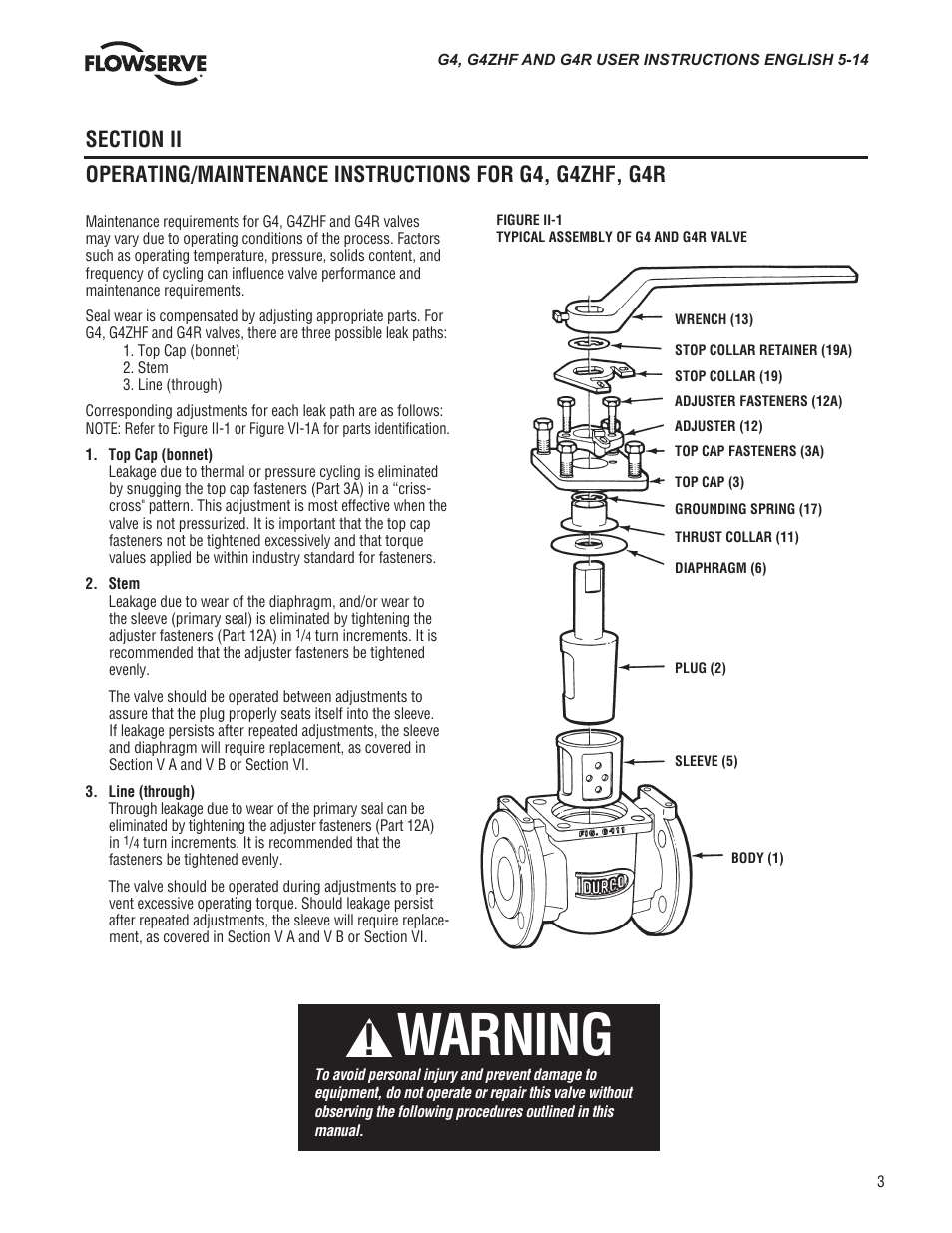 Warning | Flowserve G4 Sleeveline Plug Valves User Manual | Page 3 / 16