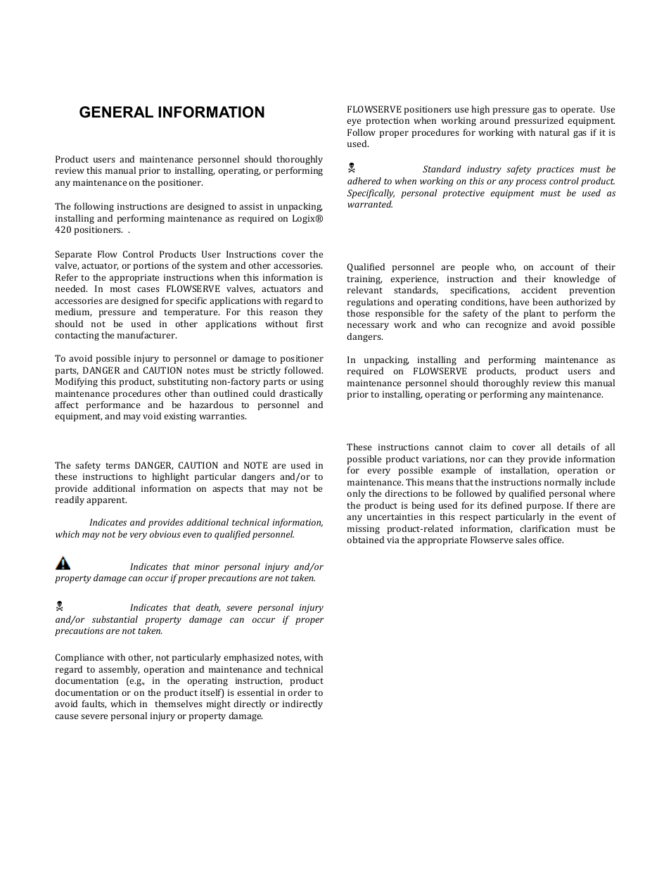 1 general information, 1 using this document, 2 terms concerning safety | 3 protective clothing, 4 qualified personnel, 5 valve and actuator variations, 6 spare parts, 7 service / repair, General information, Sing | Flowserve 420 IOM User Manual | Page 3 / 44