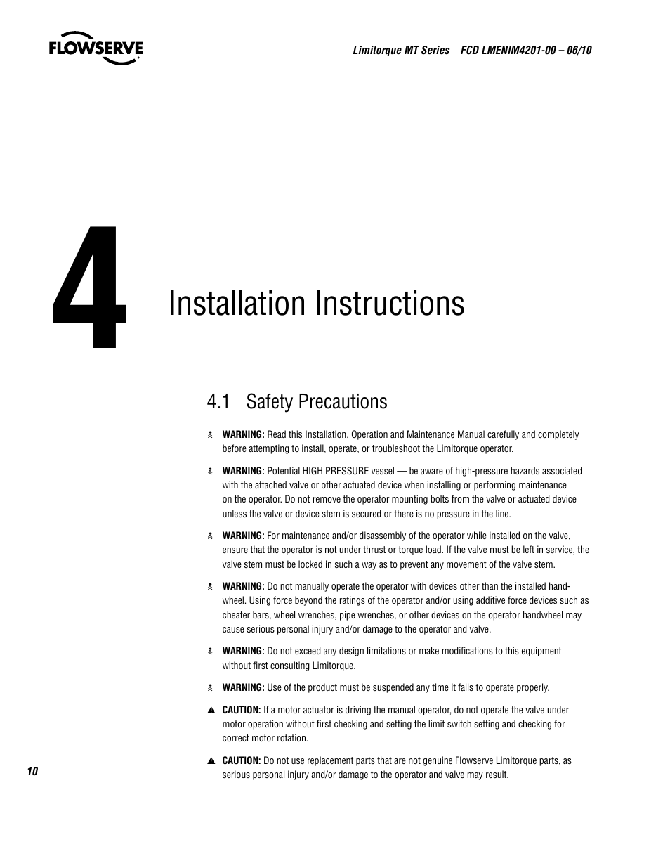 Installation instructions, 1 safety precautions | Flowserve MT Bevel Gearboxes IOM User Manual | Page 10 / 32