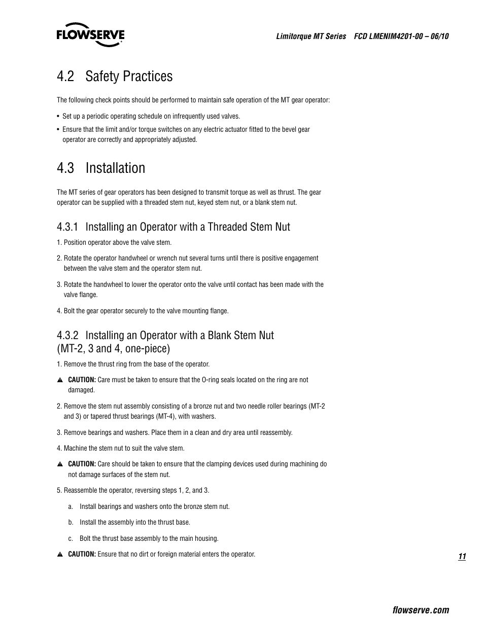 2 safety practices, 3 installation, 1 installing an operator with a threaded stem nut | Flowserve MT Bevel Gearboxes IOM User Manual | Page 11 / 32
