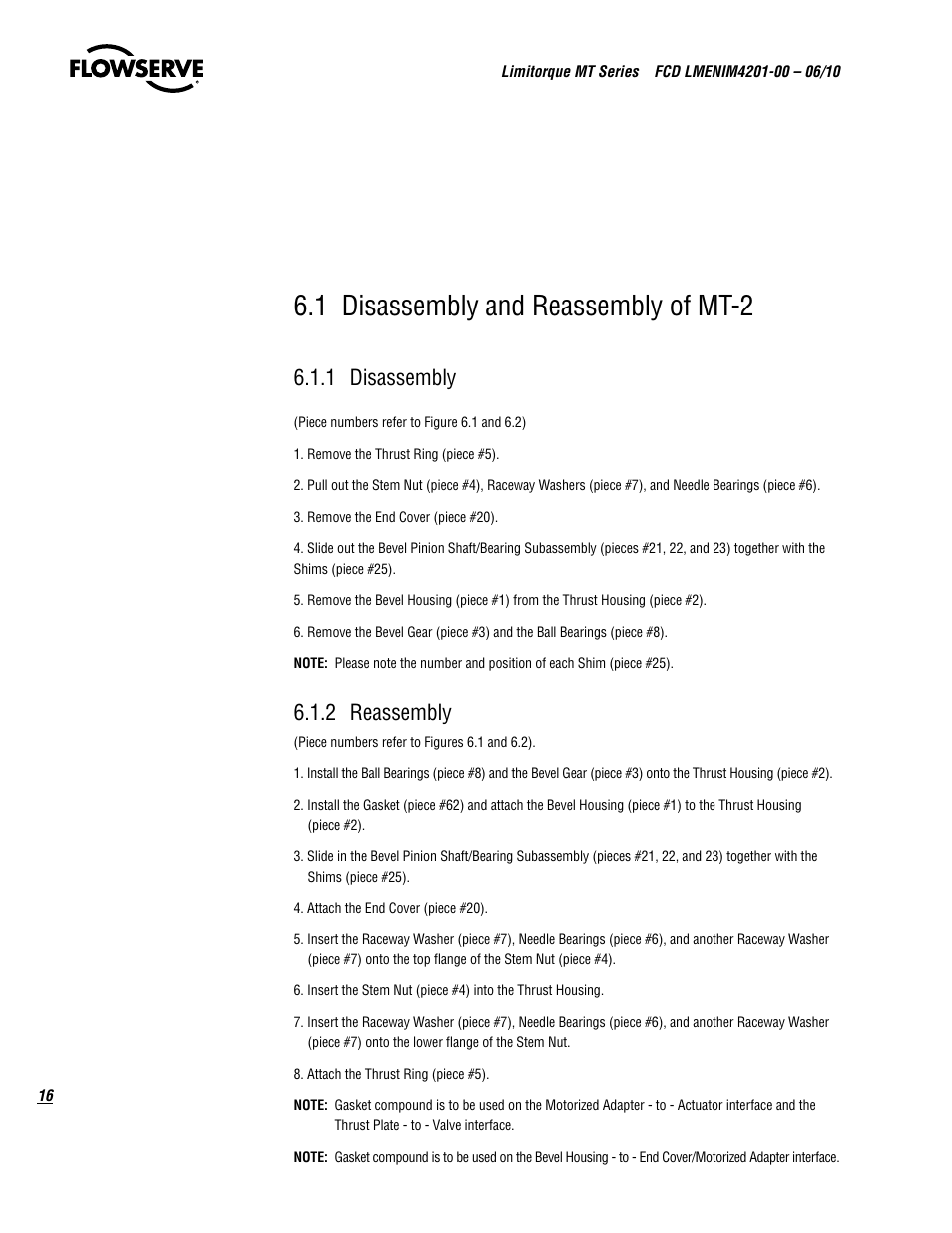 1 disassembly and reassembly of mt-2, 1 disassembly, 2 reassembly | Flowserve MT Bevel Gearboxes IOM User Manual | Page 16 / 32