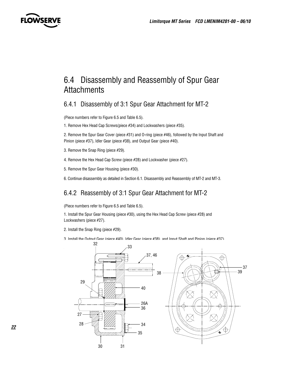 1 disassembly of 3:1 spur gear attachment for mt-2, 2 reassembly of 3:1 spur gear attachment for mt-2 | Flowserve MT Bevel Gearboxes IOM User Manual | Page 22 / 32