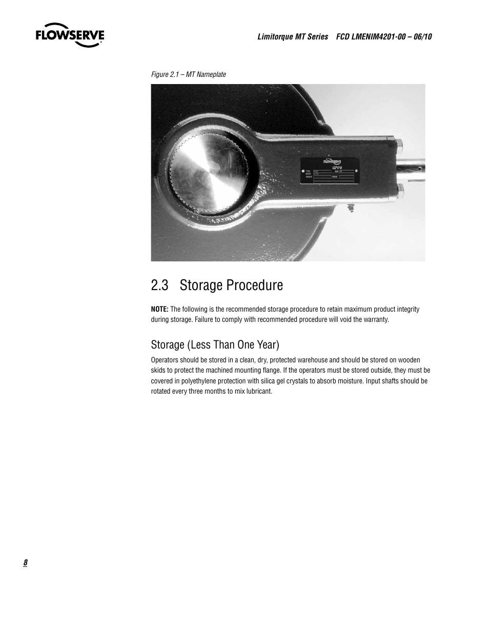 3 storage procedure, Storage (less than one year) | Flowserve MT Bevel Gearboxes IOM User Manual | Page 8 / 32