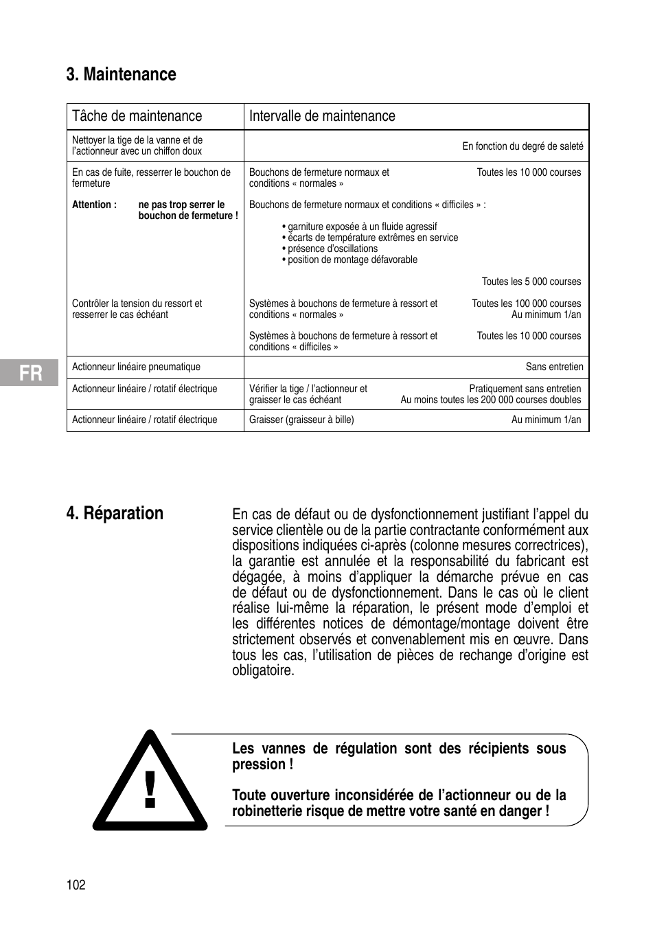 Maintenance, Réparation, Tâche de maintenance intervalle de maintenance | Flowserve IOM Control Valves User Manual | Page 102 / 248