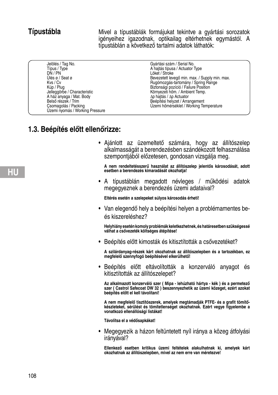 Típustábla, Beépítés előtt ellenőrizze | Flowserve IOM Control Valves User Manual | Page 108 / 248