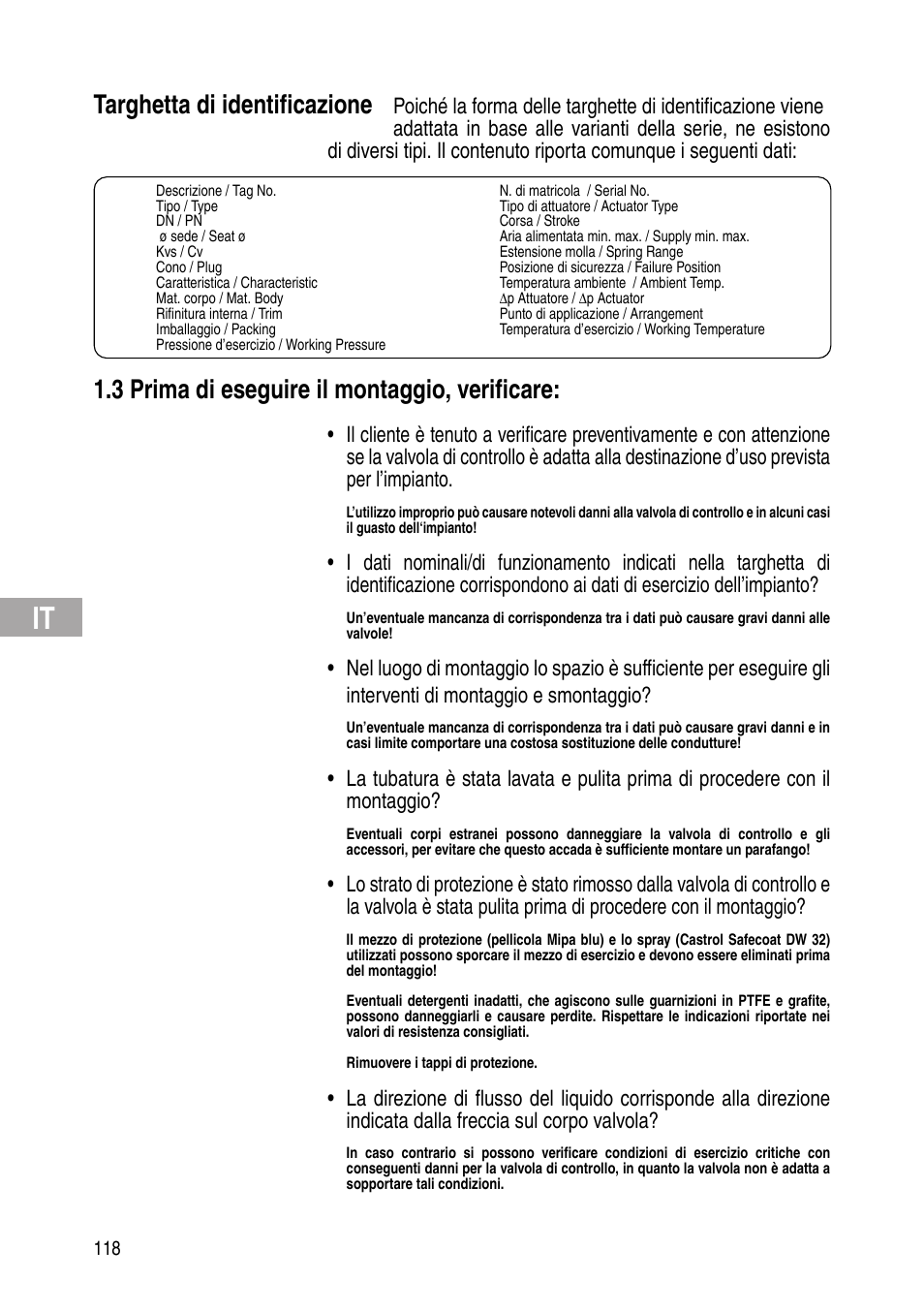 Targhetta di identificazione, 3 prima di eseguire il montaggio, verificare | Flowserve IOM Control Valves User Manual | Page 118 / 248