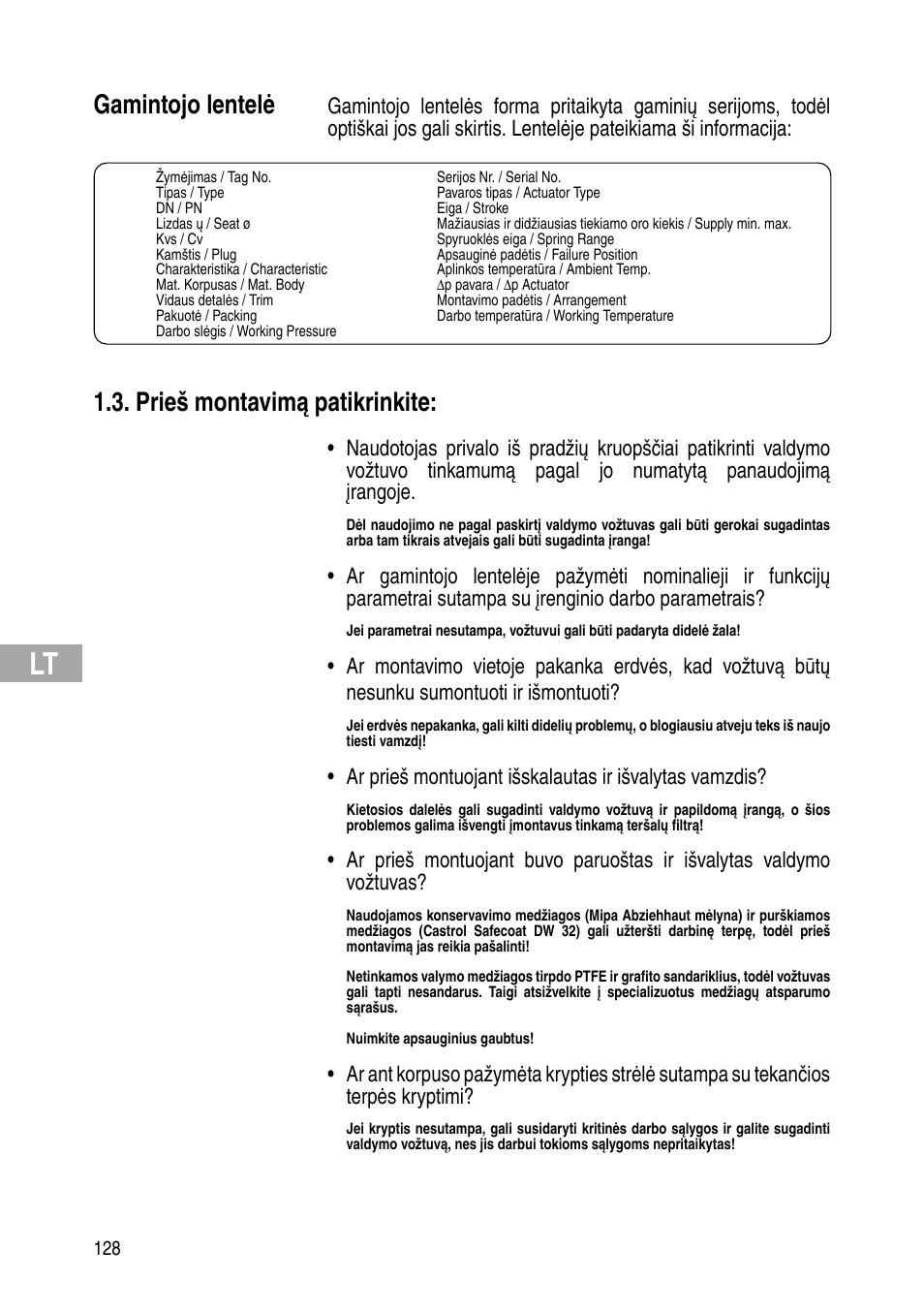 Gamintojo lentelė, Prieš montavimą patikrinkite | Flowserve IOM Control Valves User Manual | Page 128 / 248