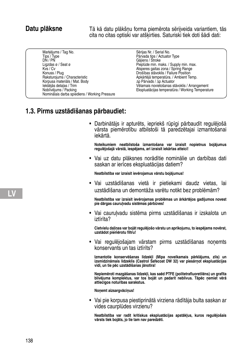 Datu plāksne, Pirms uzstādīšanas pārbaudiet | Flowserve IOM Control Valves User Manual | Page 138 / 248