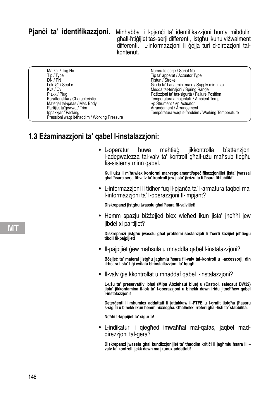 Pjanċi ta’ identifikazzjoni, 3 eżaminazzjoni ta’ qabel l-instalazzjoni | Flowserve IOM Control Valves User Manual | Page 148 / 248
