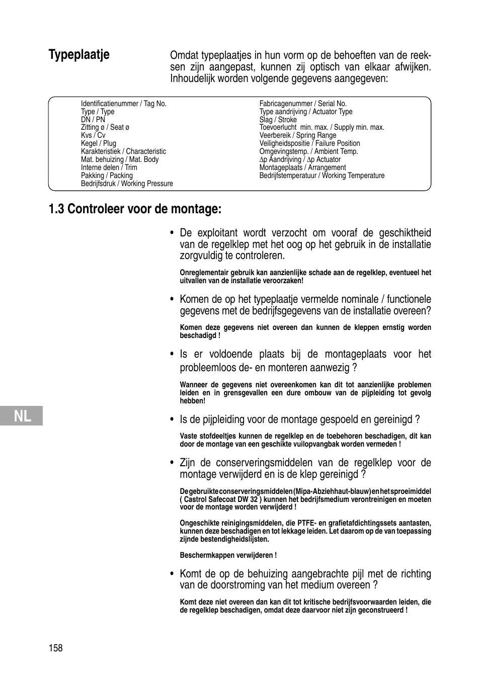 Typeplaatje, 3 controleer voor de montage | Flowserve IOM Control Valves User Manual | Page 158 / 248