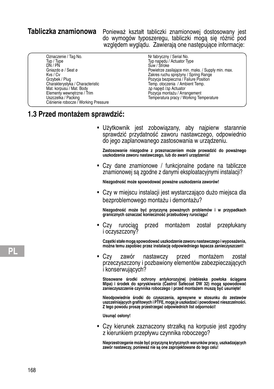 Tabliczka znamionowa, 3 przed montażem sprawdzić | Flowserve IOM Control Valves User Manual | Page 168 / 248