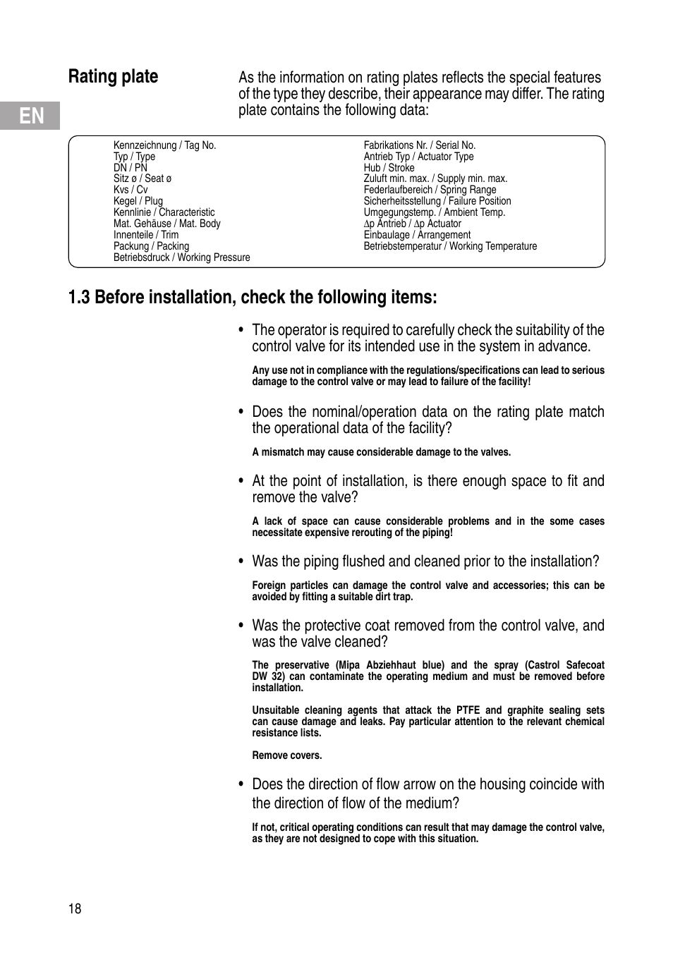 Rating plate, 3 before installation, check the following items | Flowserve IOM Control Valves User Manual | Page 18 / 248