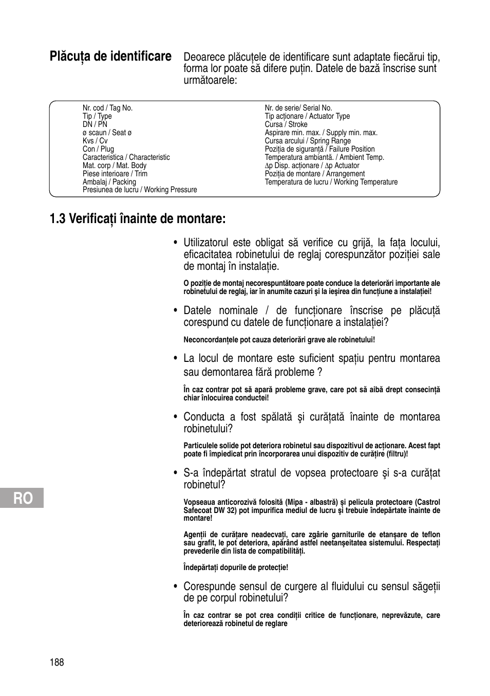 Plăcuţa de identificare, 3 verificaţi înainte de montare | Flowserve IOM Control Valves User Manual | Page 188 / 248