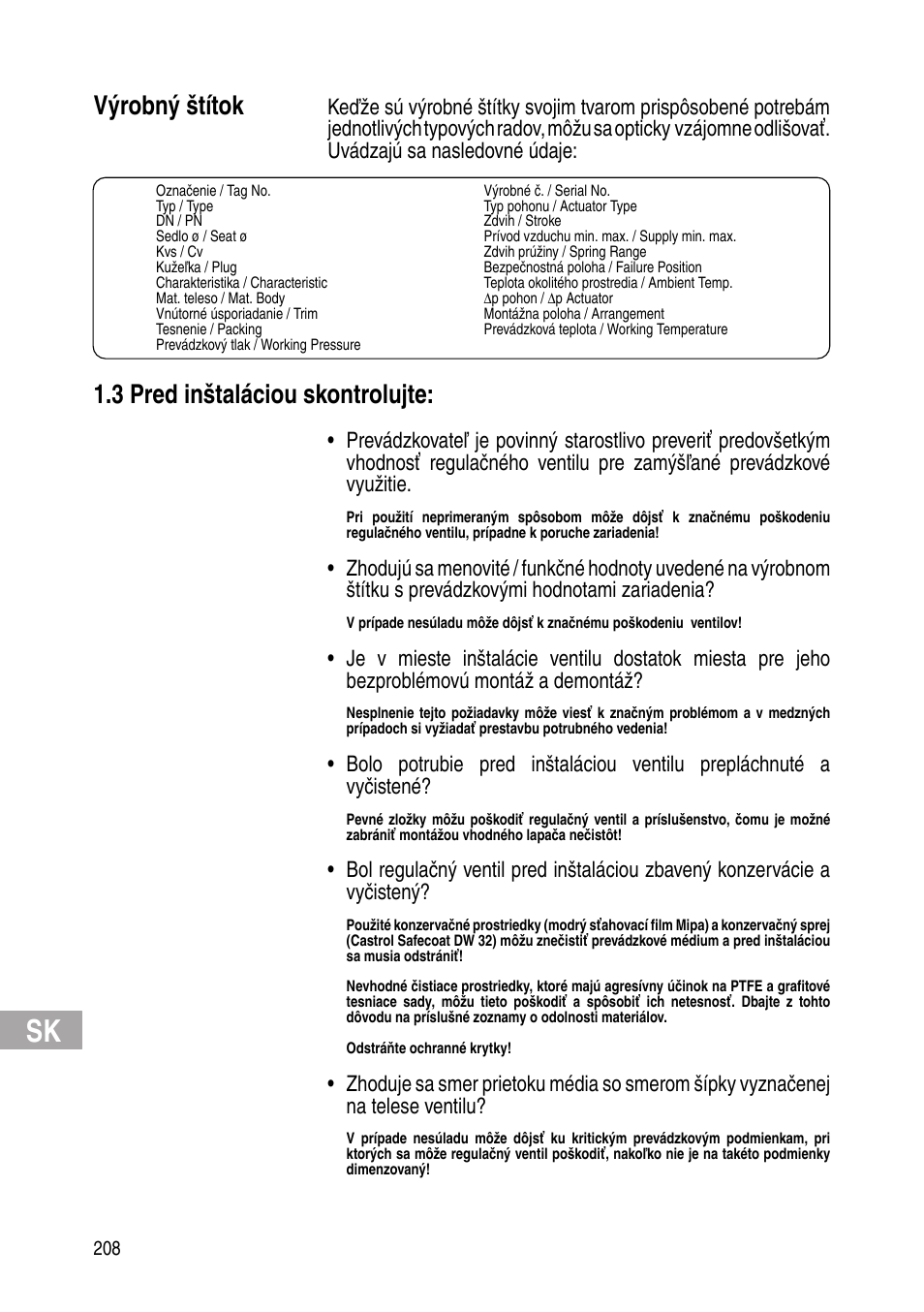 Výrobný štítok, 3 pred inštaláciou skontrolujte | Flowserve IOM Control Valves User Manual | Page 208 / 248