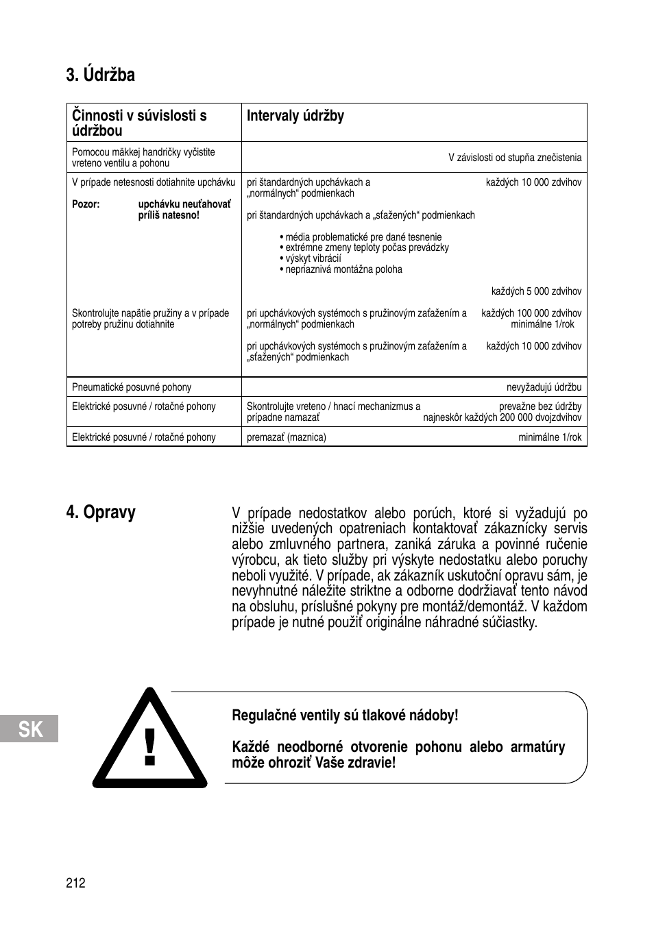Údržba, Opravy, Činnosti v súvislosti s údržbou intervaly údržby | Flowserve IOM Control Valves User Manual | Page 212 / 248