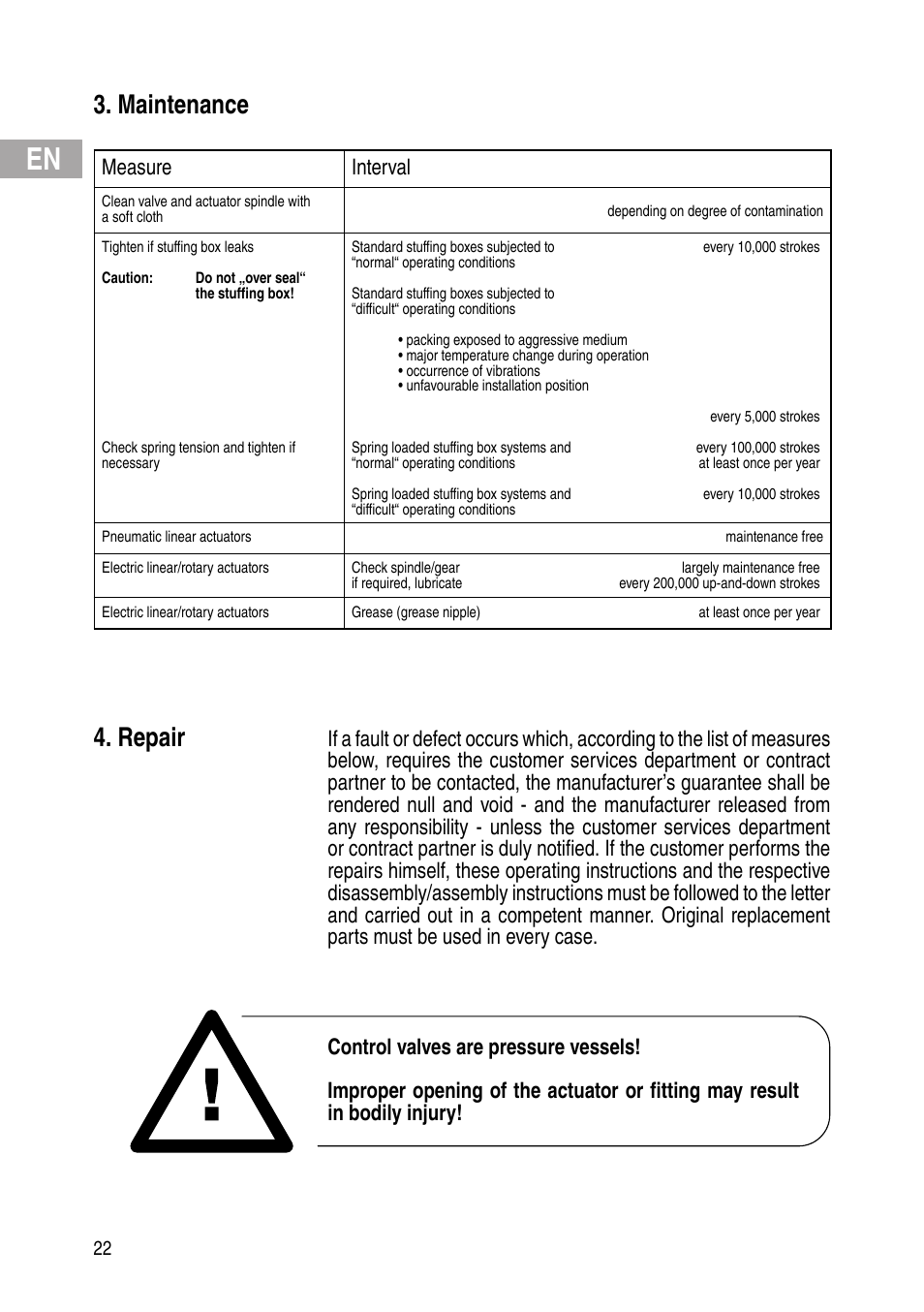 Maintenance, Repair, Measure interval | Flowserve IOM Control Valves User Manual | Page 22 / 248