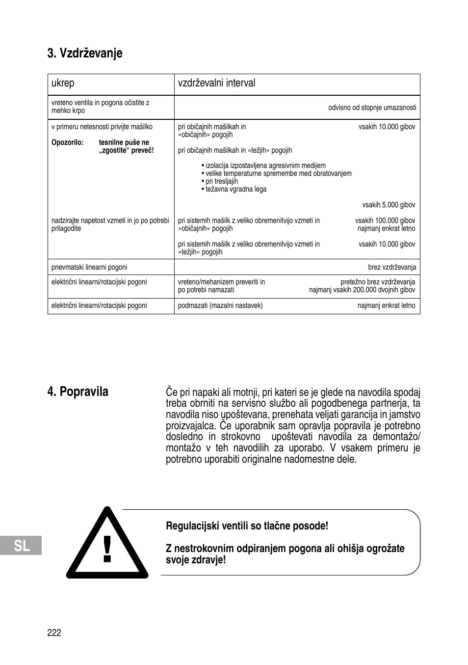 Vzdrževanje, Popravila, Ukrep vzdrževalni interval | Flowserve IOM Control Valves User Manual | Page 222 / 248