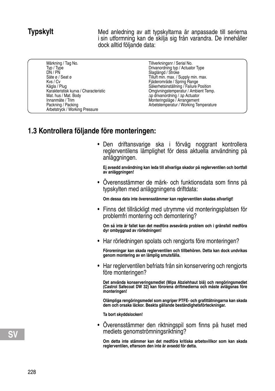 Typskylt, 3 kontrollera följande före monteringen | Flowserve IOM Control Valves User Manual | Page 228 / 248