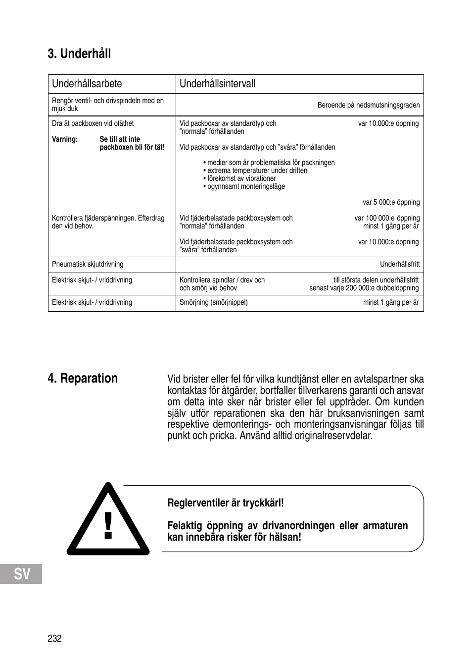 Underhåll, Reparation, Underhållsarbete underhållsintervall | Flowserve IOM Control Valves User Manual | Page 232 / 248
