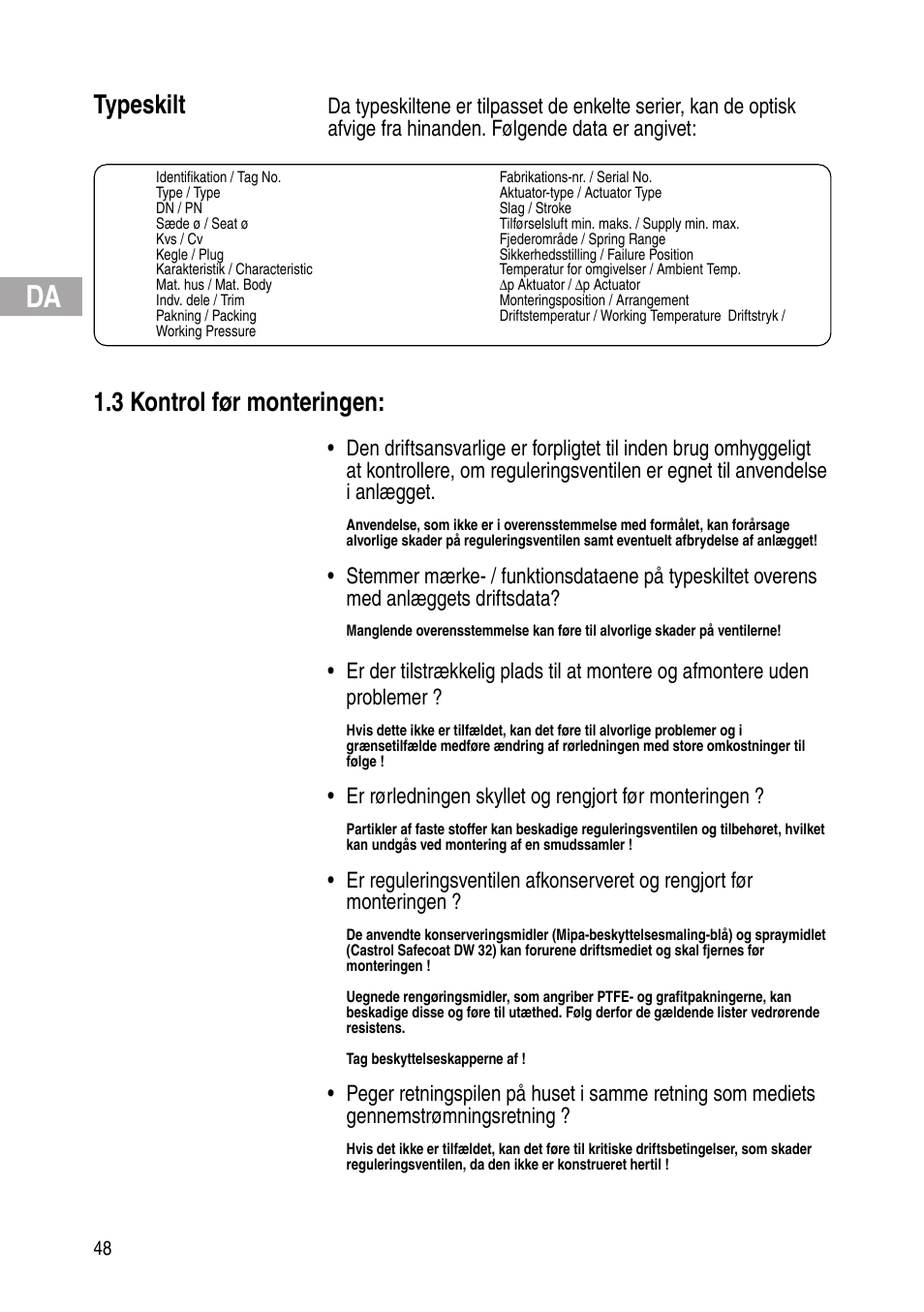 Typeskilt, 3 kontrol før monteringen | Flowserve IOM Control Valves User Manual | Page 48 / 248