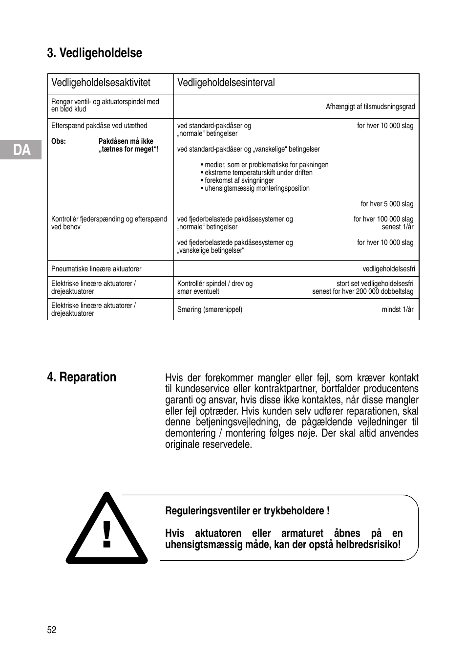 Vedligeholdelse, Reparation, Vedligeholdelsesaktivitet vedligeholdelsesinterval | Flowserve IOM Control Valves User Manual | Page 52 / 248