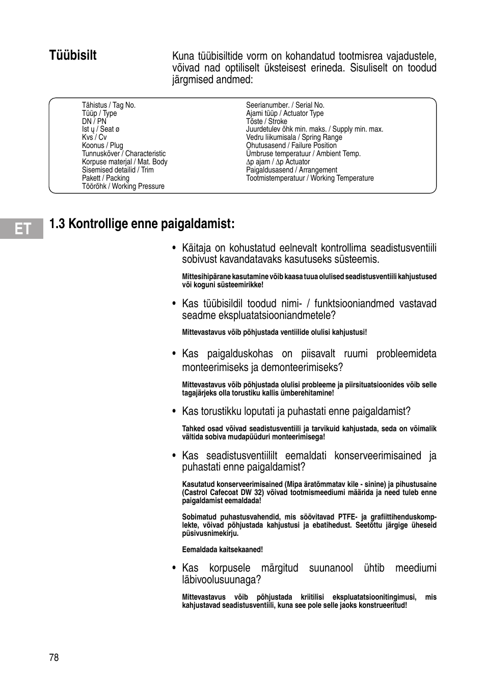 Tüübisilt, 3 kontrollige enne paigaldamist | Flowserve IOM Control Valves User Manual | Page 78 / 248