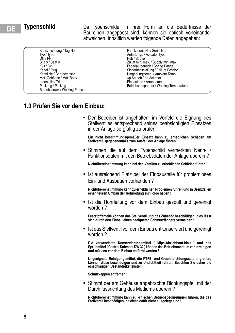 Typenschild, 3 prüfen sie vor dem einbau | Flowserve IOM Control Valves User Manual | Page 8 / 248