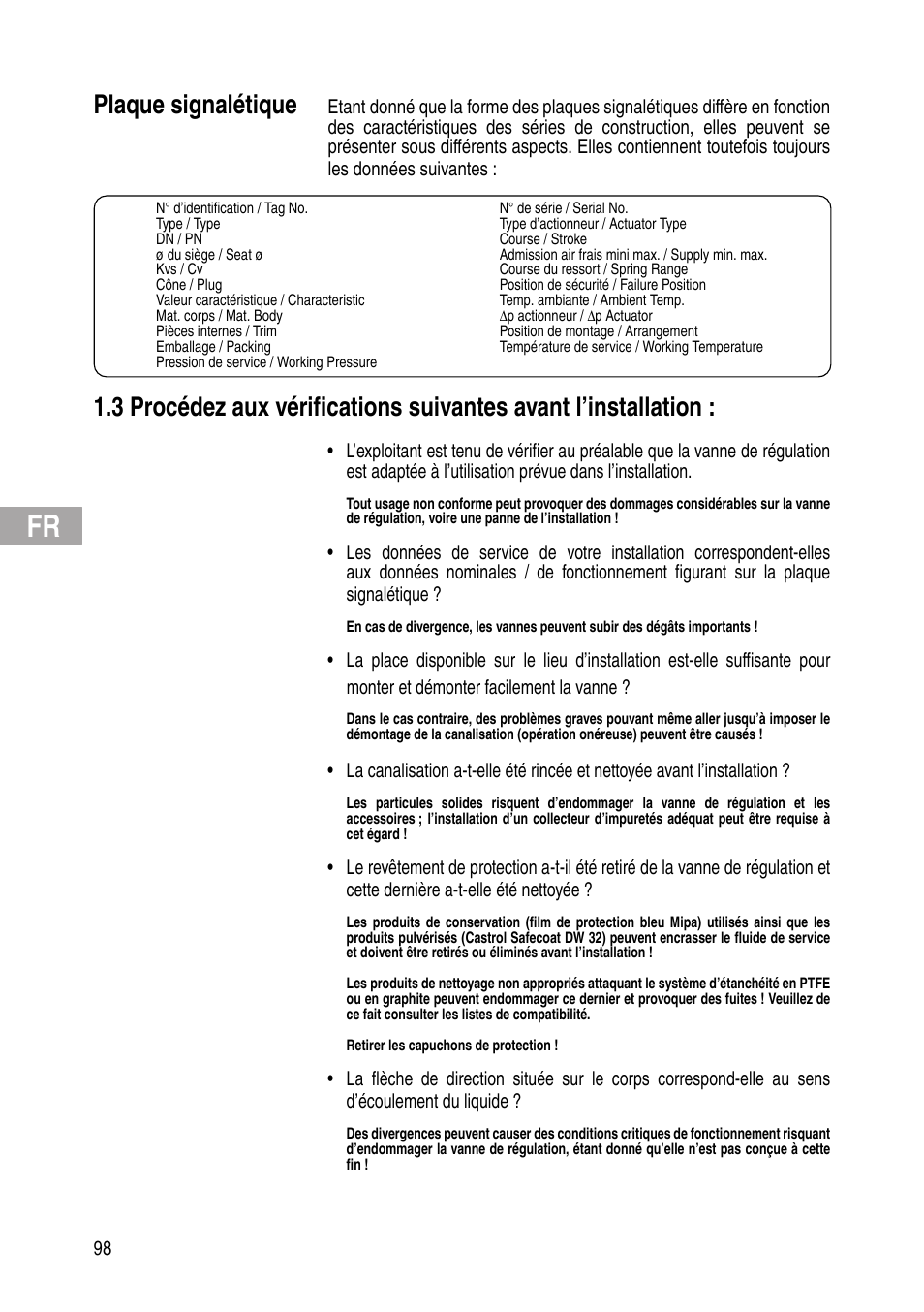 Plaque signalétique | Flowserve IOM Control Valves User Manual | Page 98 / 248