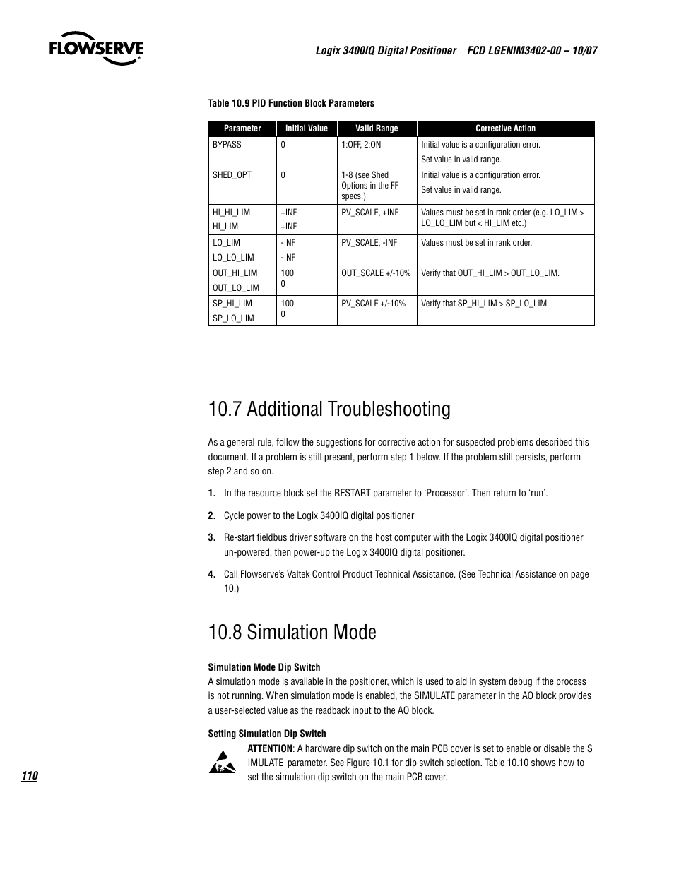 7 additional troubleshooting, 8 simulation mode | Flowserve 3400IQ Digital Positioner User Manual | Page 110 / 148