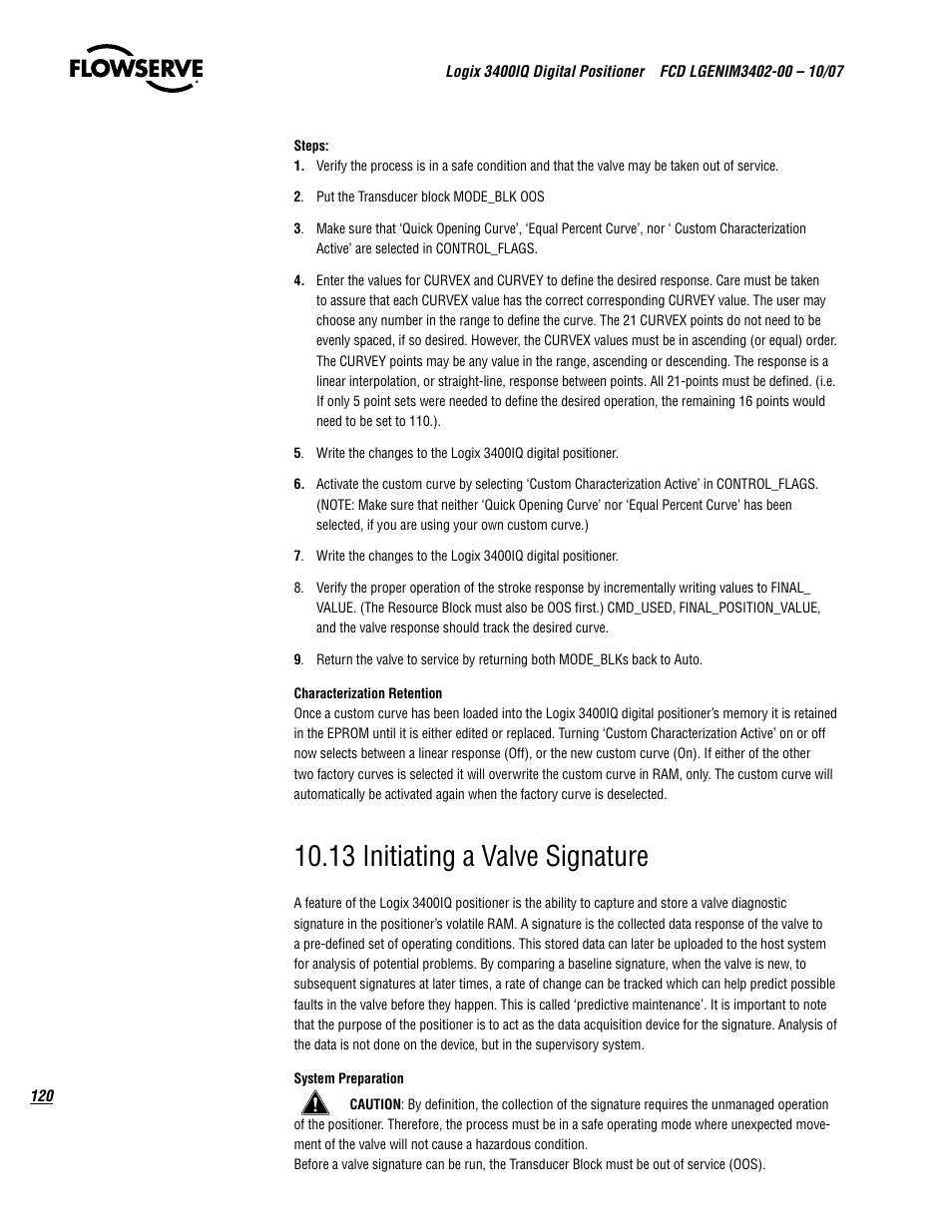 13 initiating a valve signature | Flowserve 3400IQ Digital Positioner User Manual | Page 120 / 148
