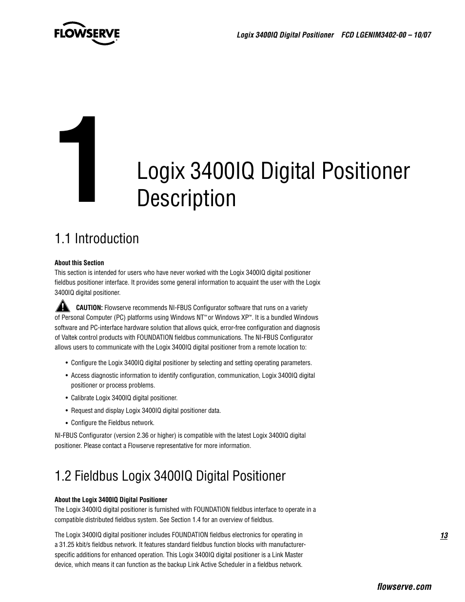 Logix 3400iq digital positioner description | Flowserve 3400IQ Digital Positioner User Manual | Page 13 / 148