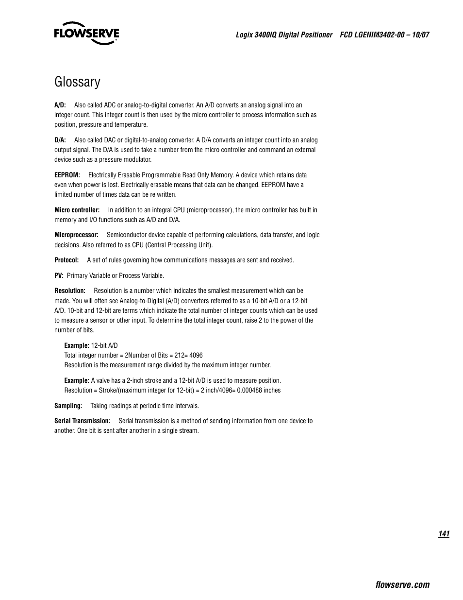 Glossary | Flowserve 3400IQ Digital Positioner User Manual | Page 141 / 148