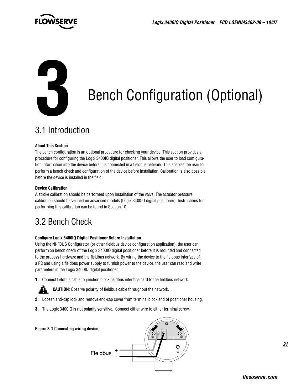 Bench configuration (optional) | Flowserve 3400IQ Digital Positioner User Manual | Page 21 / 148