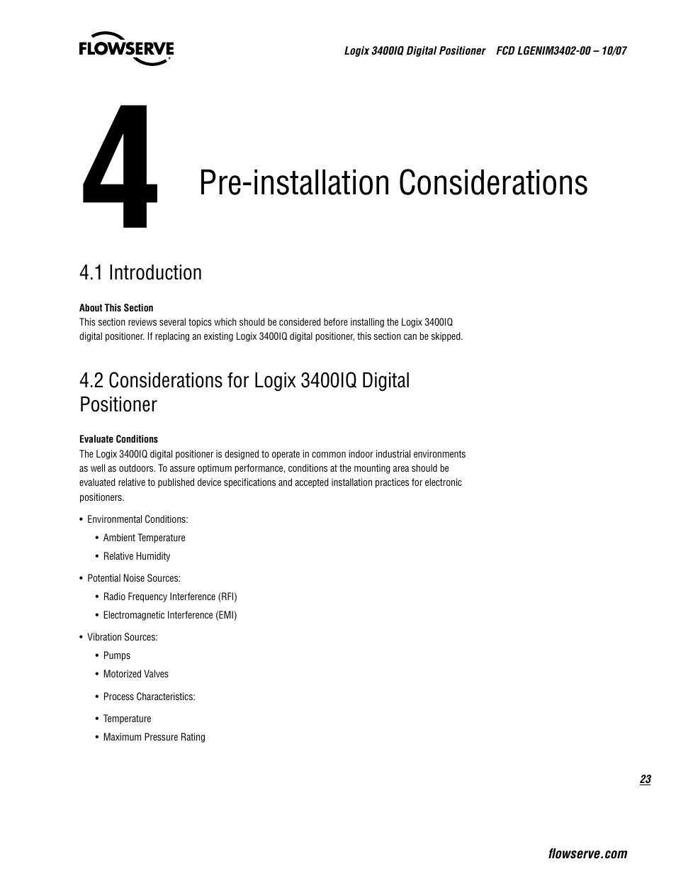 Pre-installation considerations, 1 introduction | Flowserve 3400IQ Digital Positioner User Manual | Page 23 / 148