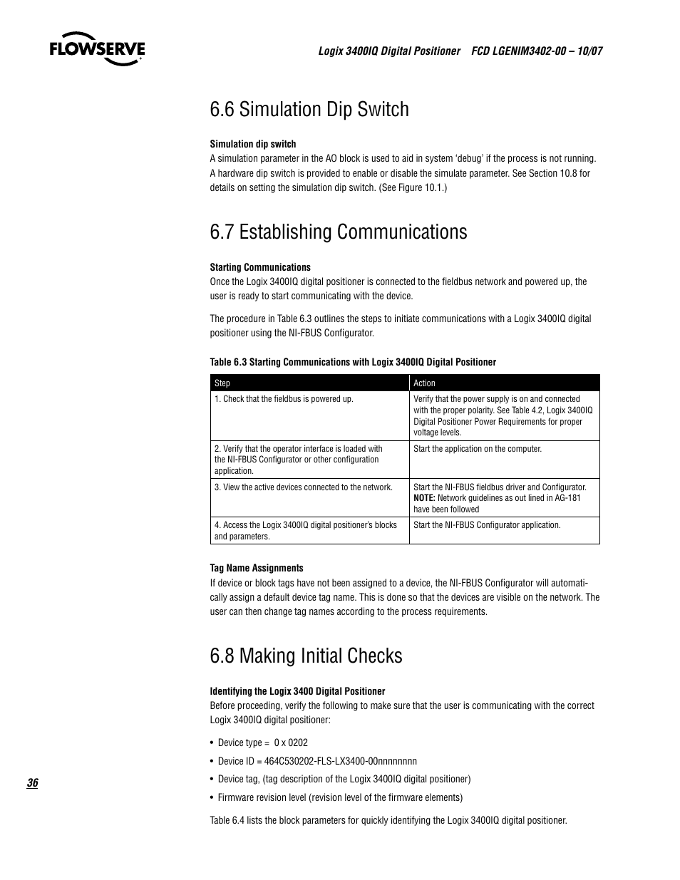 6 simulation dip switch, 7 establishing communications, 8 making initial checks | Flowserve 3400IQ Digital Positioner User Manual | Page 36 / 148