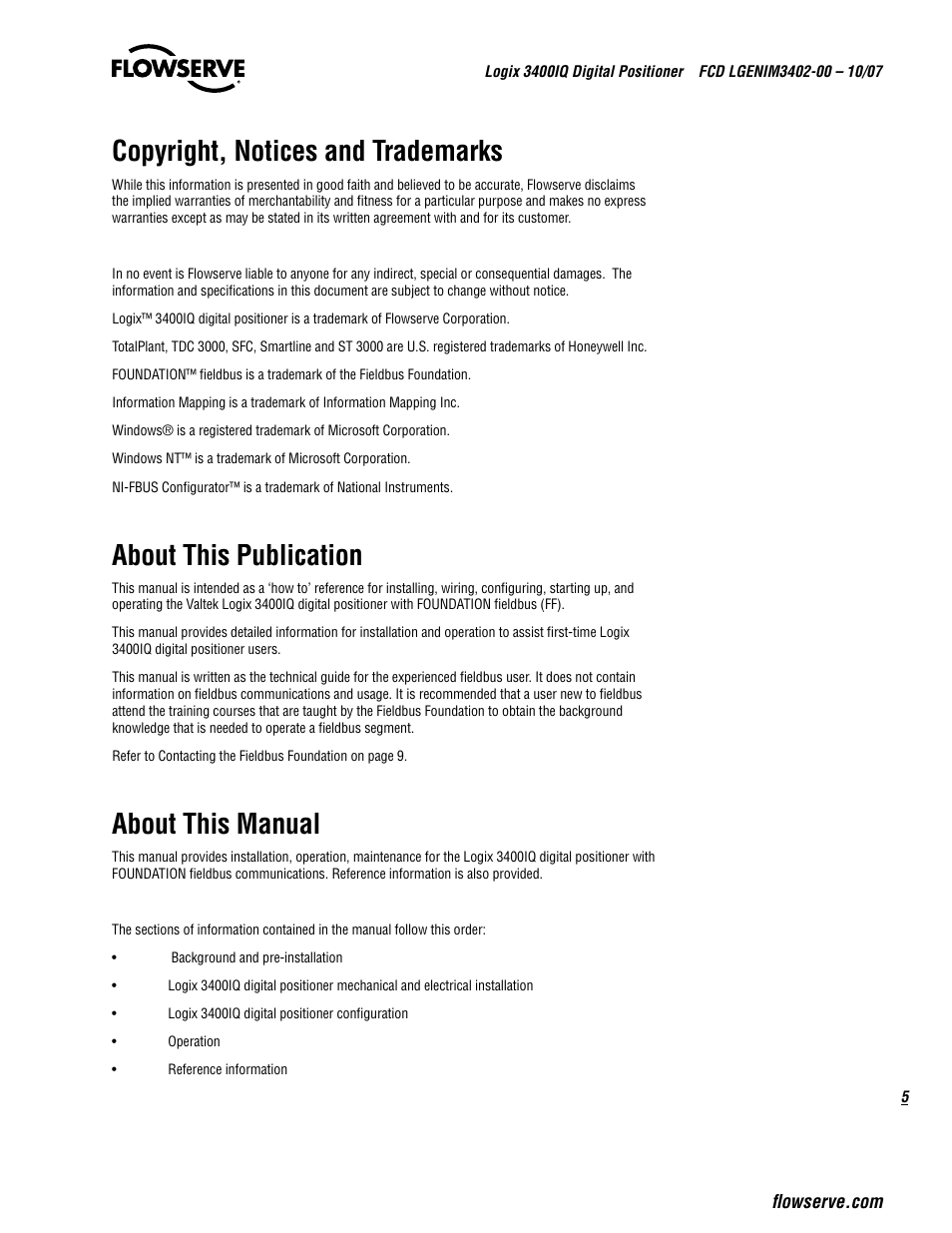 Copyright, notices and trademarks, About this publication, About this manual | Flowserve 3400IQ Digital Positioner User Manual | Page 5 / 148
