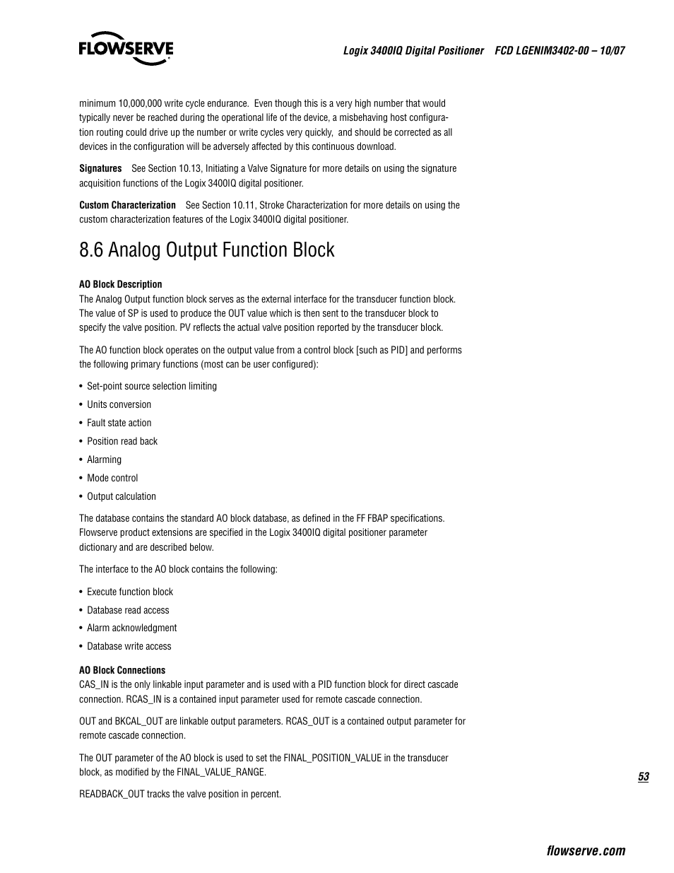 6 analog output function block | Flowserve 3400IQ Digital Positioner User Manual | Page 53 / 148