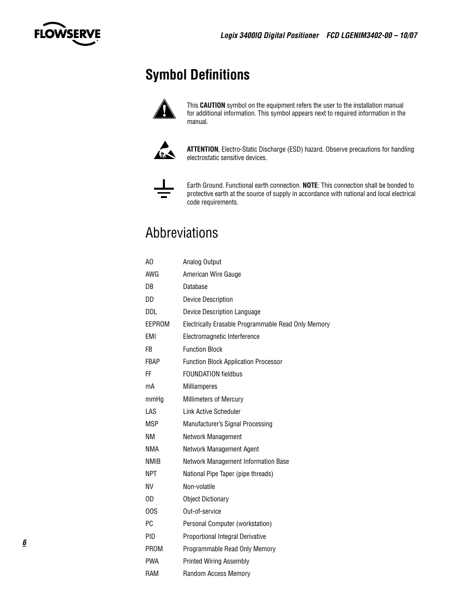 Symbol definitions, Abbreviations | Flowserve 3400IQ Digital Positioner User Manual | Page 6 / 148