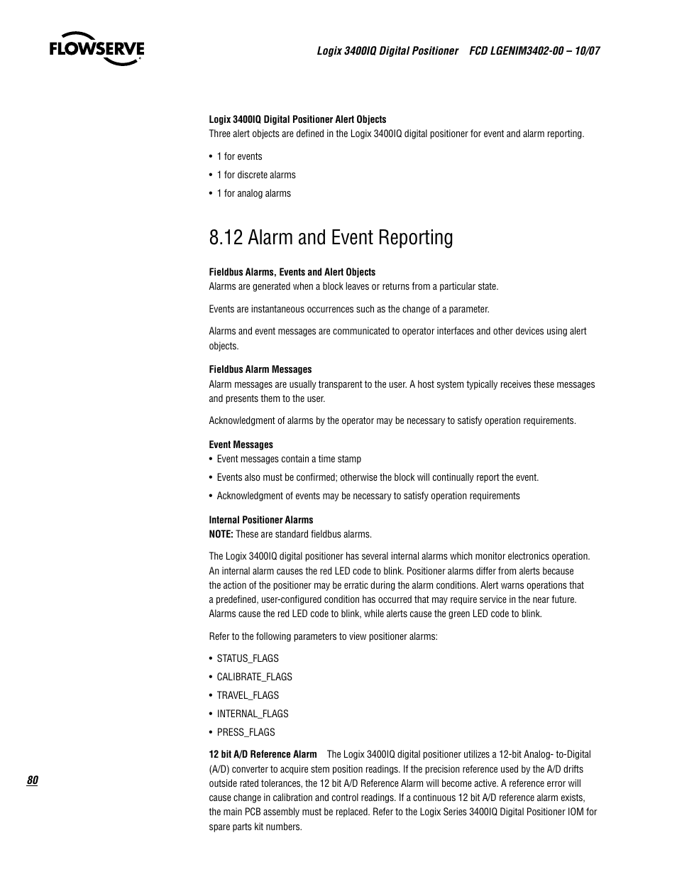 12 alarm and event reporting | Flowserve 3400IQ Digital Positioner User Manual | Page 80 / 148