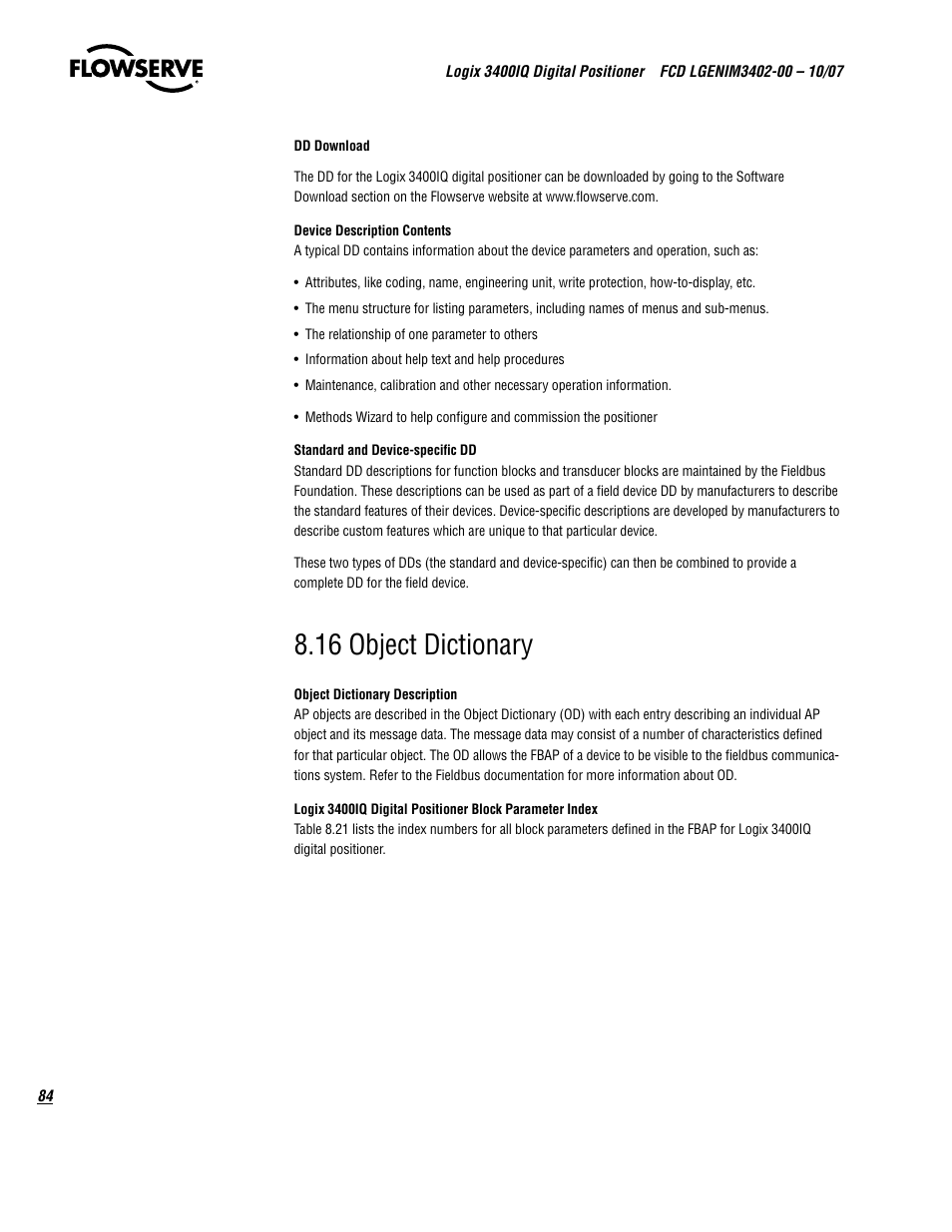 16 object dictionary | Flowserve 3400IQ Digital Positioner User Manual | Page 84 / 148