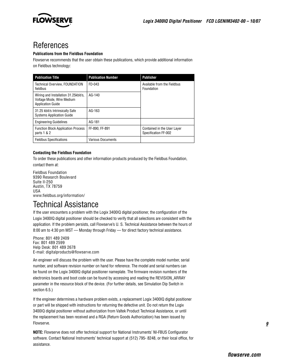 References, Technical assistance | Flowserve 3400IQ Digital Positioner User Manual | Page 9 / 148