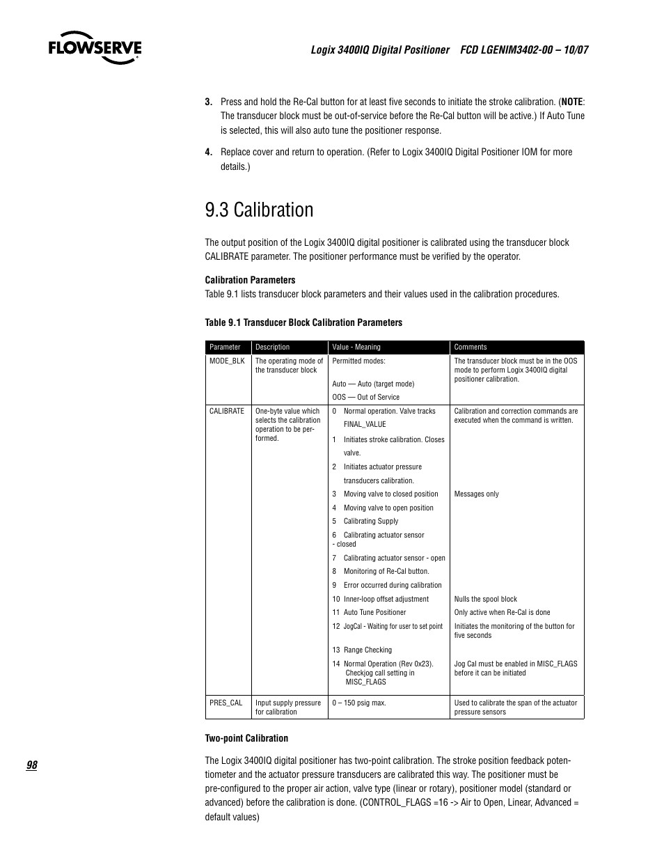 3 calibration | Flowserve 3400IQ Digital Positioner User Manual | Page 98 / 148