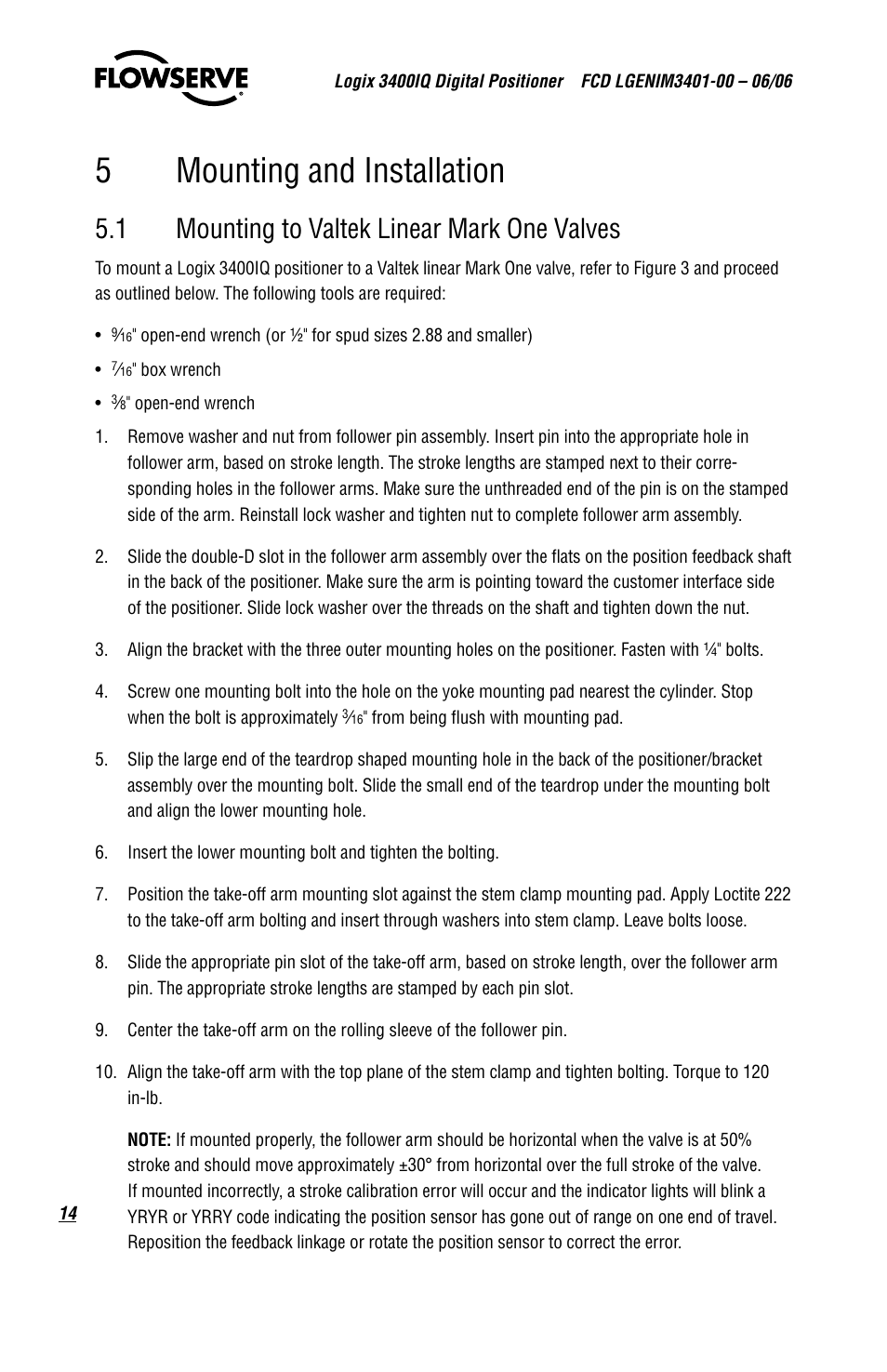 5mounting and installation, 1 mounting to valtek linear mark one valves | Flowserve 3400IQ Digital Positioner User Manual | Page 14 / 80