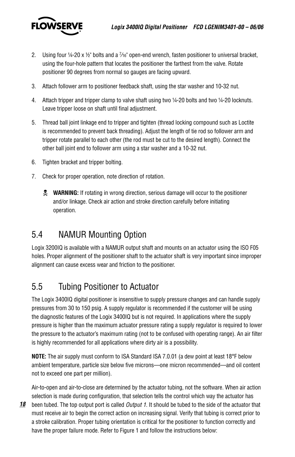 4 namur mounting option, 5 tubing positioner to actuator | Flowserve 3400IQ Digital Positioner User Manual | Page 18 / 80
