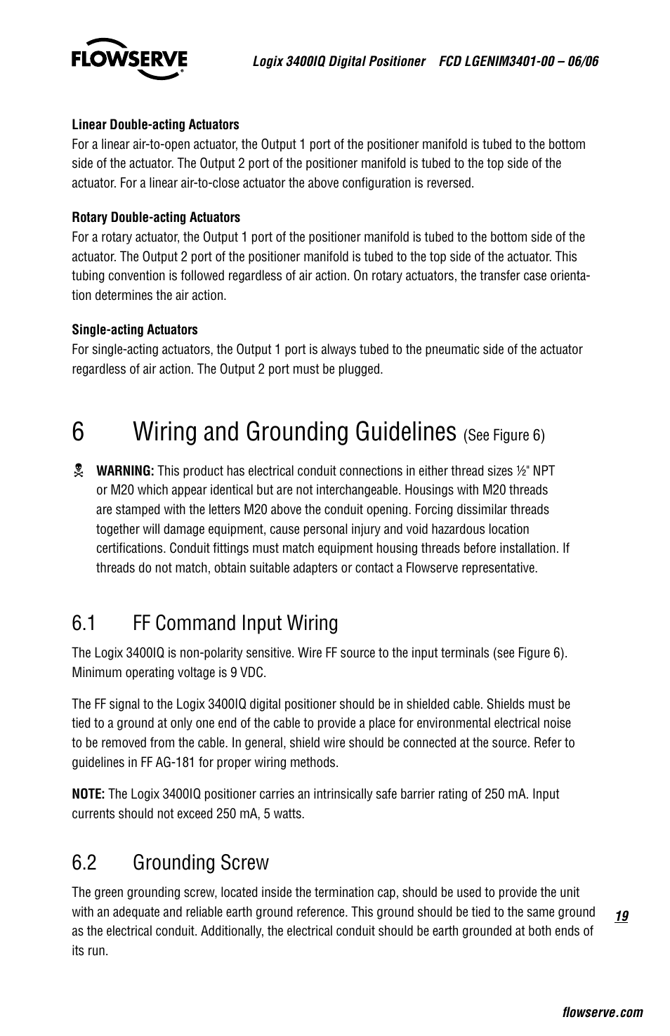 6wiring and grounding guidelines, 1 ff command input wiring, 2 grounding screw | Flowserve 3400IQ Digital Positioner User Manual | Page 19 / 80