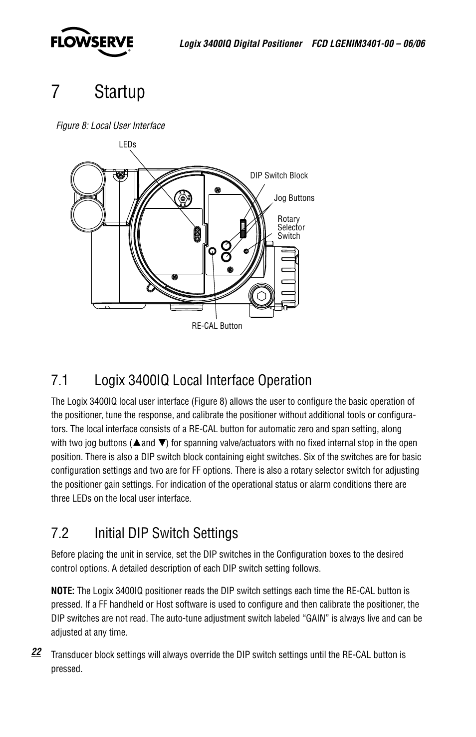 7startup, 2 initial dip switch settings | Flowserve 3400IQ Digital Positioner User Manual | Page 22 / 80