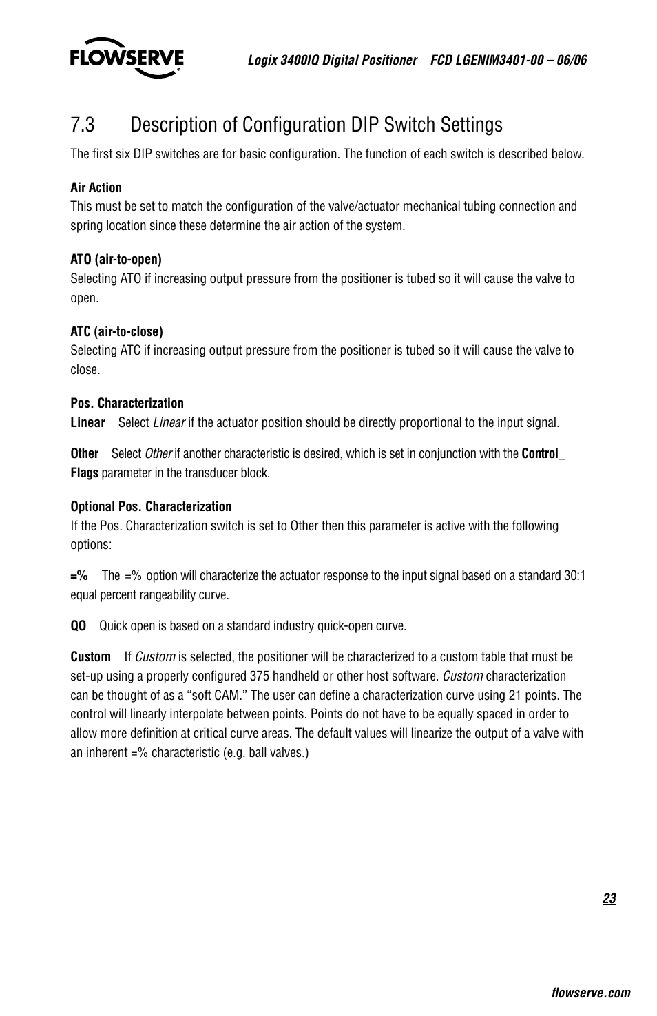 3 description of configuration dip switch settings | Flowserve 3400IQ Digital Positioner User Manual | Page 23 / 80